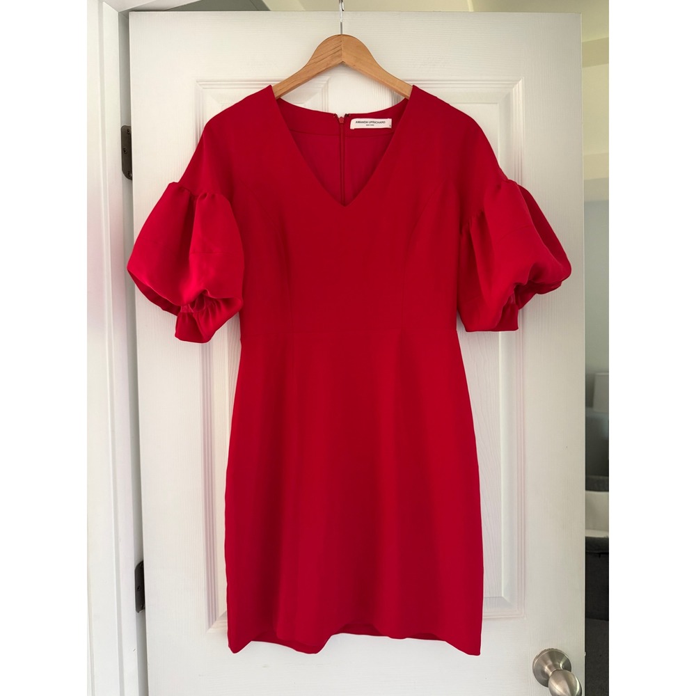 Amanda Uprichard Red Balloon Sleeve Midi Dress
